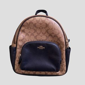 Coach Court Backpack Signature Brown Canvas Black Pebbled Leather